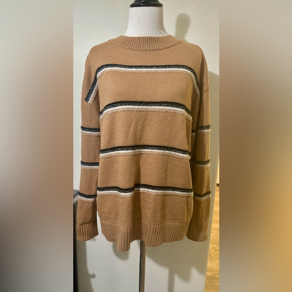 Talbots Camel Tan Striped Metallic Fiber Cotton Blend Pullover Crewneck Size S